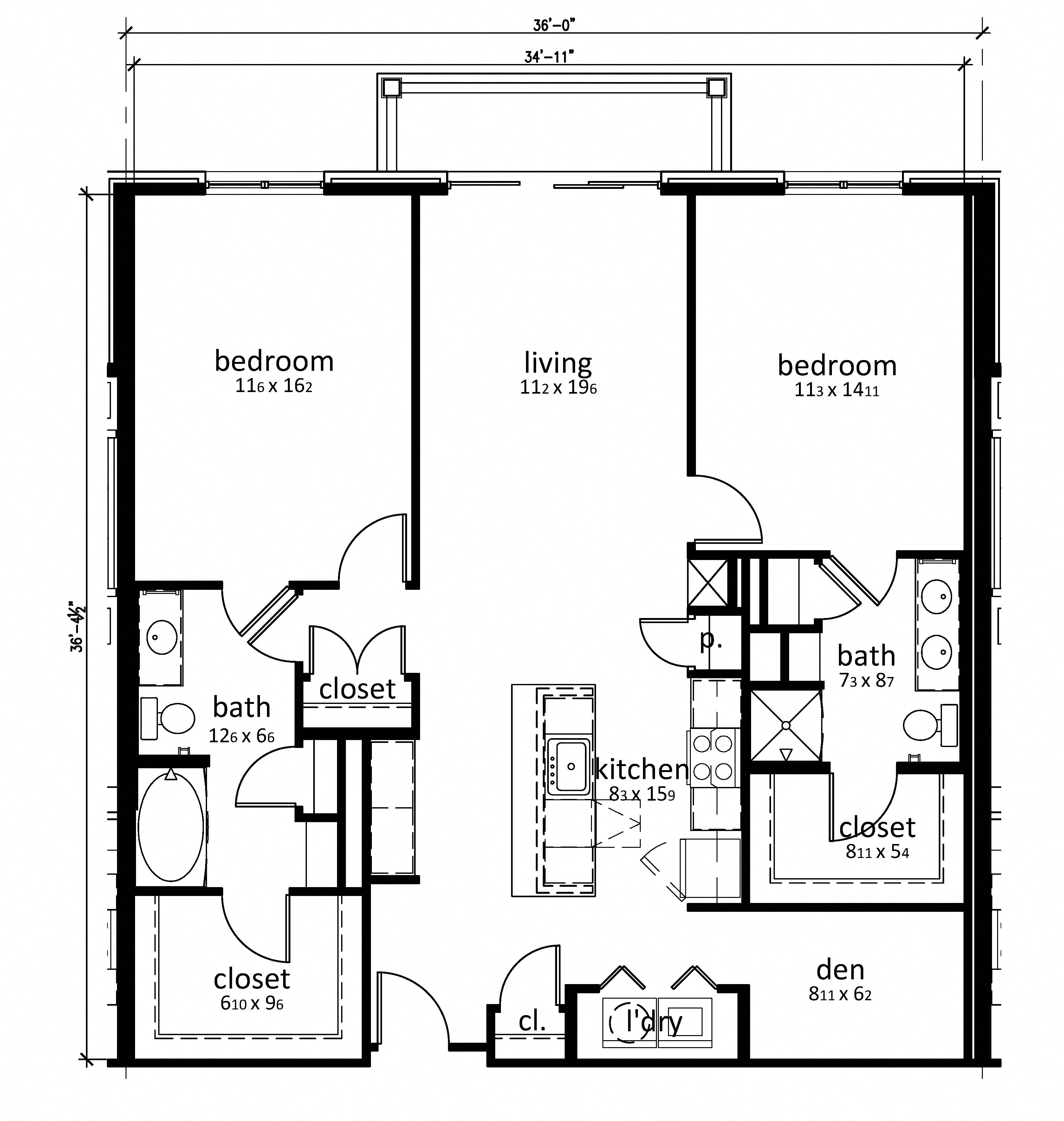 Floor plan for 2 beds, 2 baths, 1341 sqft